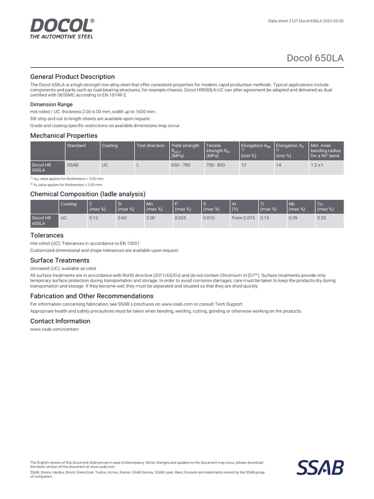 Docol 650LA High-Strength Steel Overview | PDF | Rolling (Metalworking ...