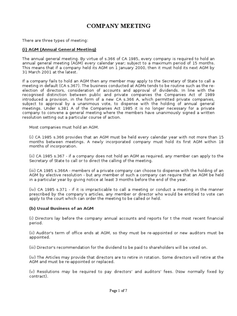 No 10 Types of Meetings Resolutions Board Of Directors Proxy Voting