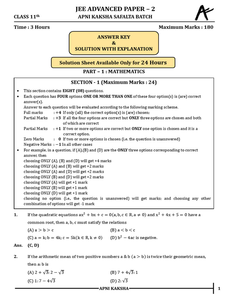 JEE Advanced Paper 2 Solutions and Key | PDF | Acceleration | Circle