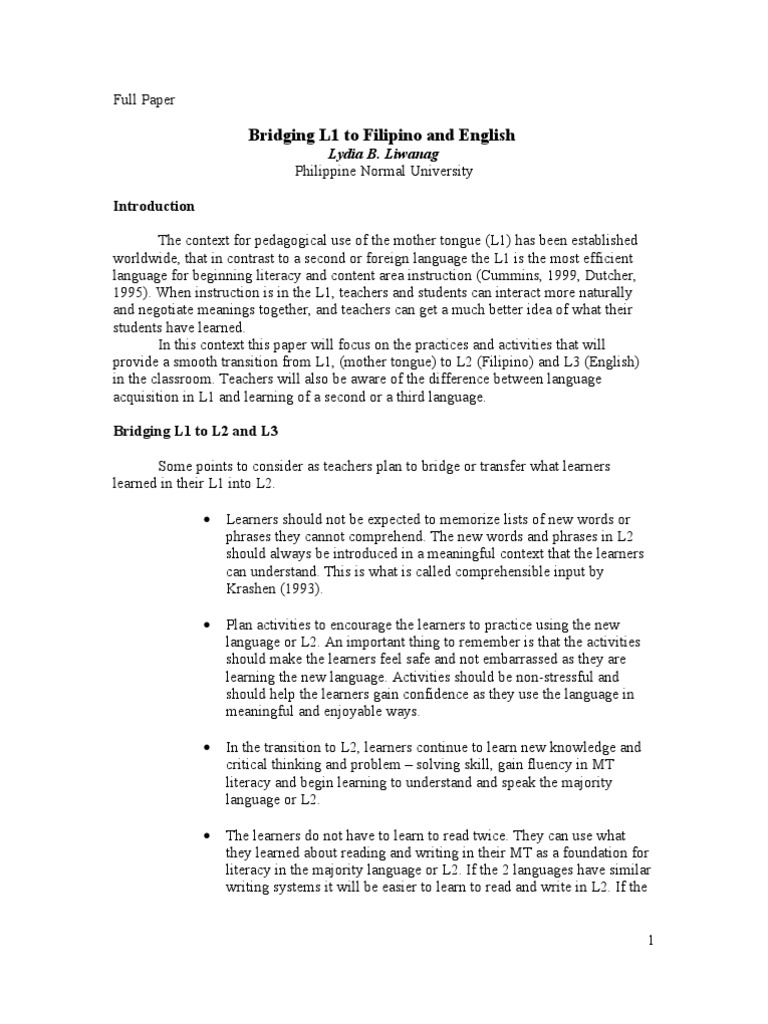 Bridging L1 to Filipino and English | PDF | Second Language | Vocabulary