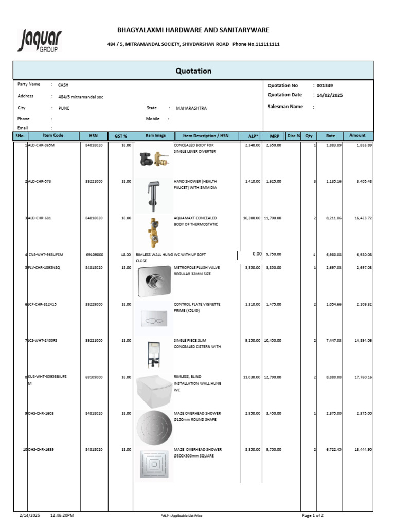 Hardware & Sanitaryware Quotation | PDF | Water Management | Water Supply
