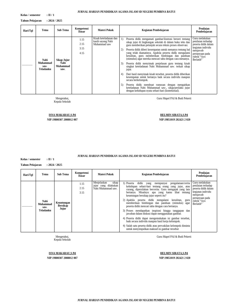 Jurnal Harian Pai Kelas 2 Semester 1 | PDF