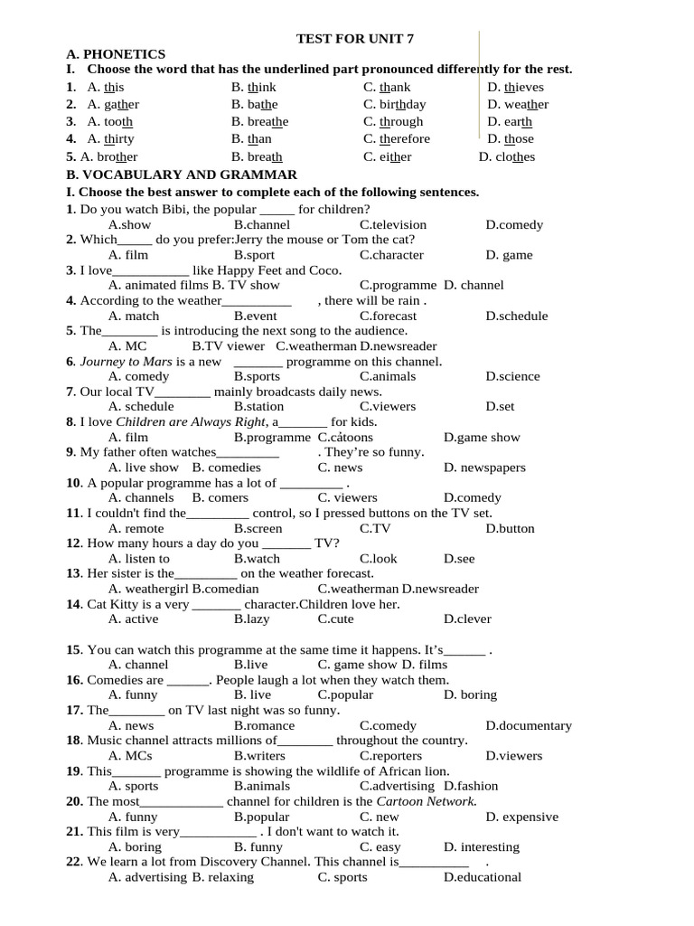 Unit 7 Phonetics and Vocabulary Test | PDF