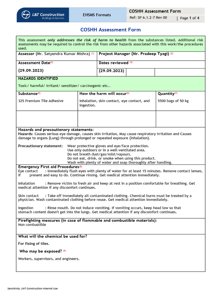 COSHH Assessment for Tile Adhesive | PDF | Personal Protective ...