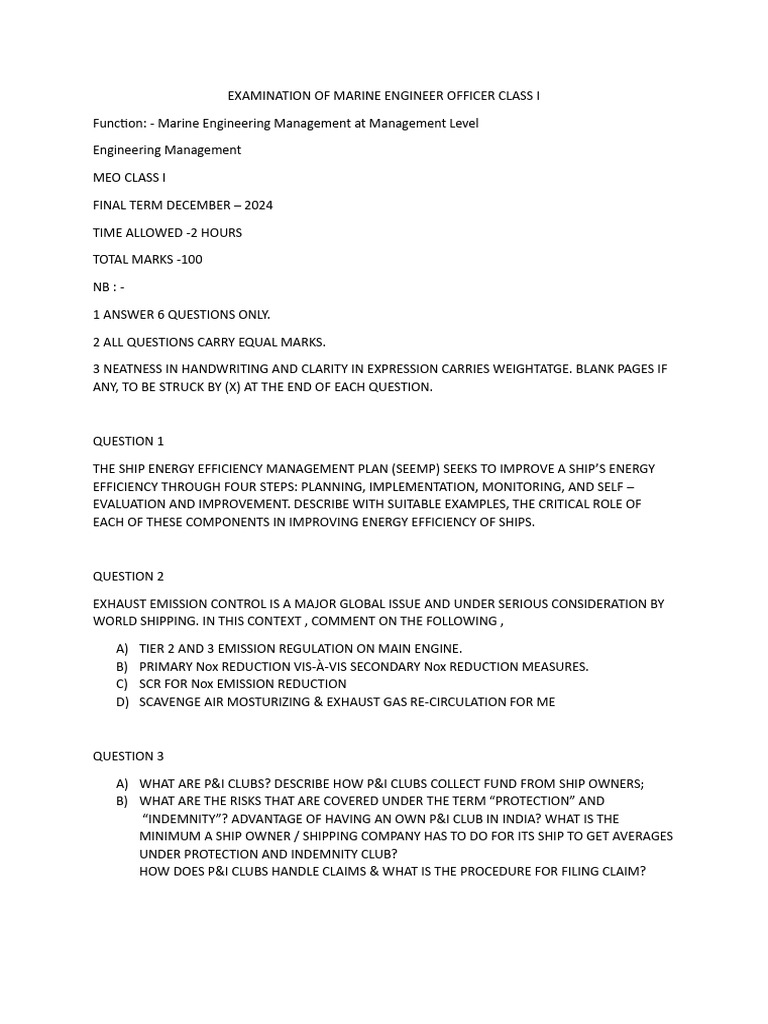 Examination of marine engineer officer class i pdf