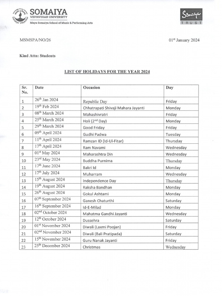 Holiday+List+2024 | PDF