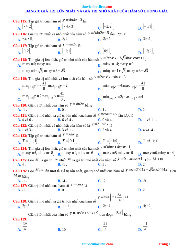 Trắc nghiệm toán- GTLN- GTNN | PDF