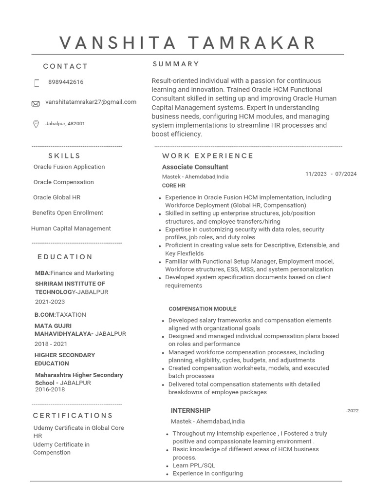 Oracle HCM Consultant Resume Summary | PDF | Human Resource Management ...