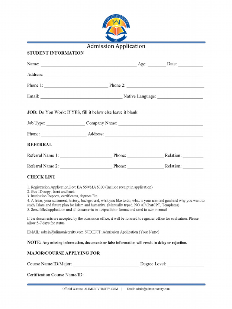 Alim Admission Application | PDF