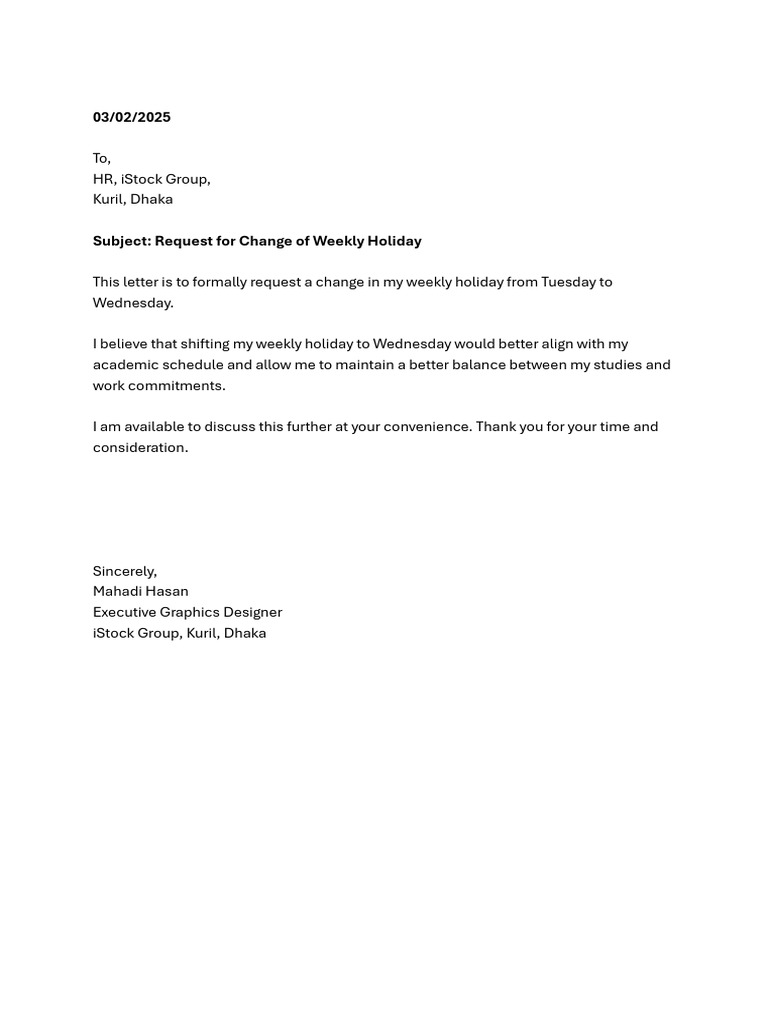 Weekly Holiday Change Request Letter | PDF