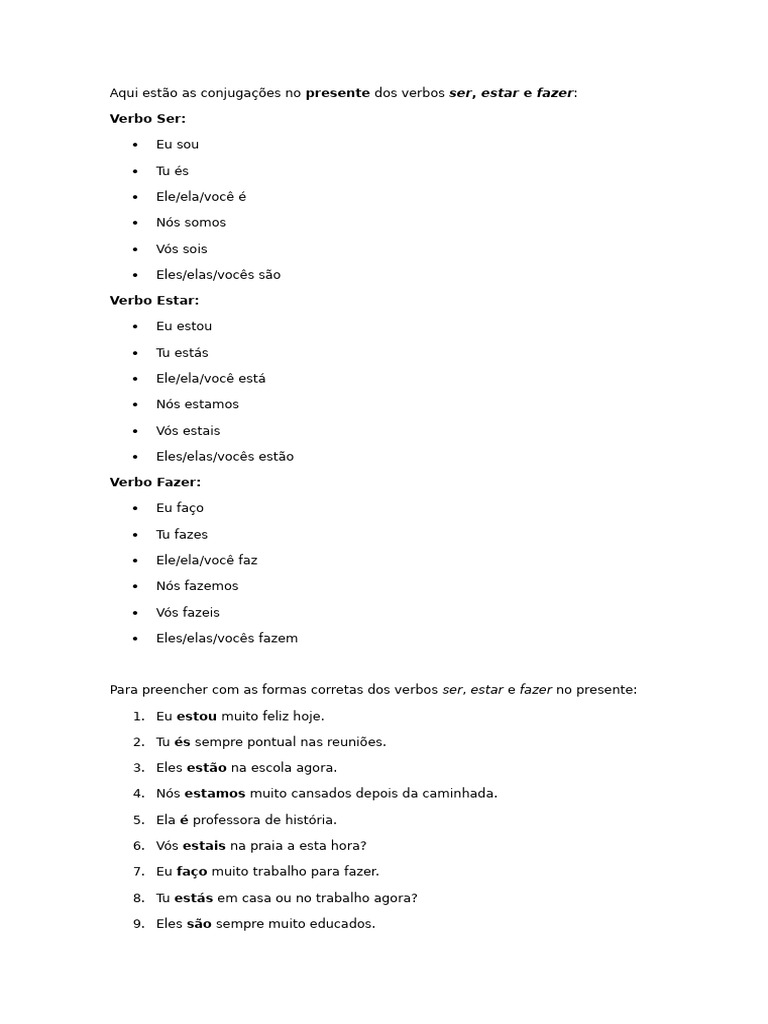 Conjugação dos verbos ser, estar e fazer | PDF