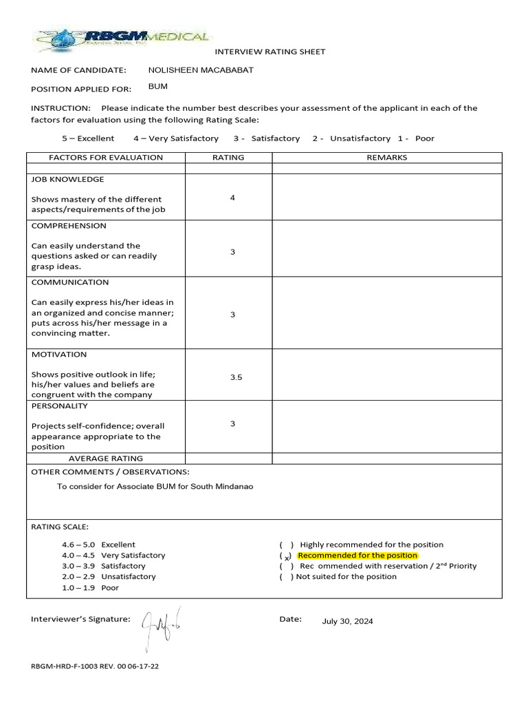 Interview Rating Sheet Template | PDF