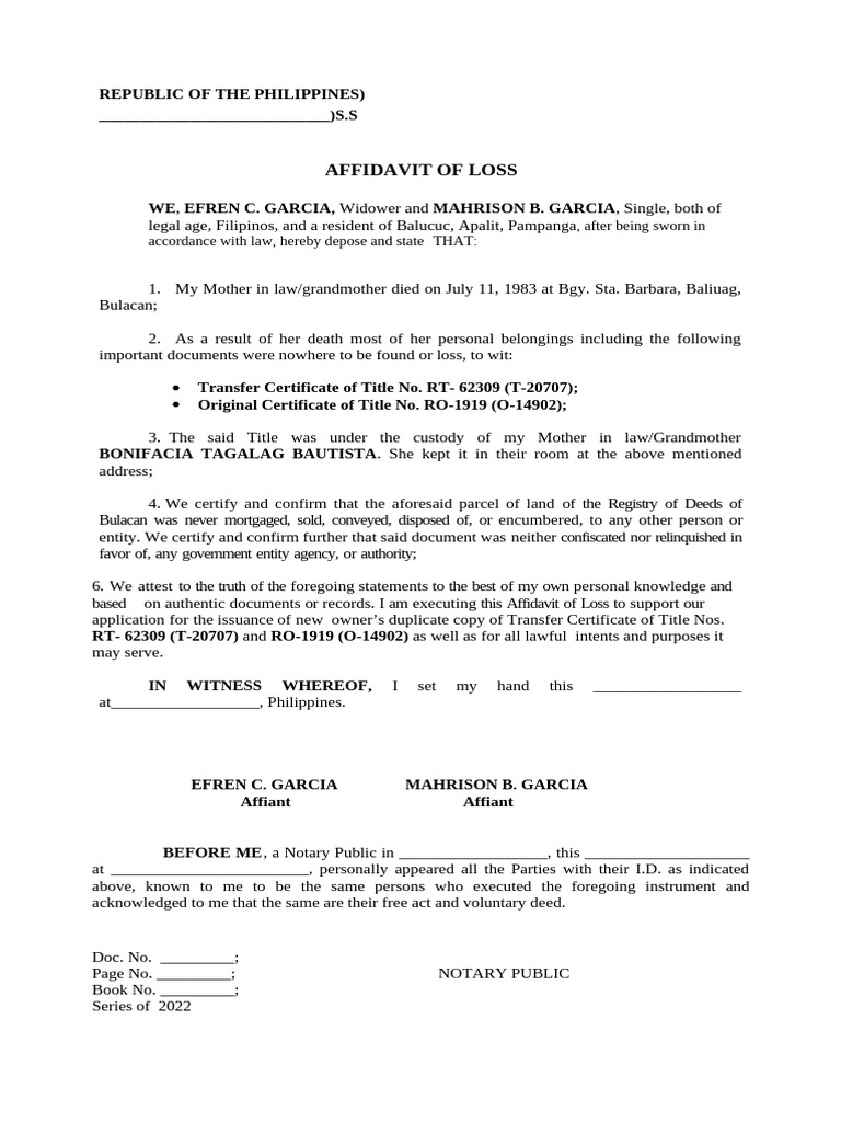 Affidavit of Loss for Property Titles | PDF