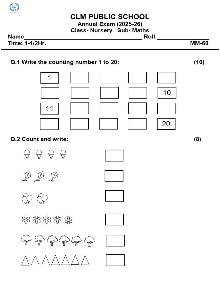Nursery Maths Exam Paper 2025-26 | PDF
