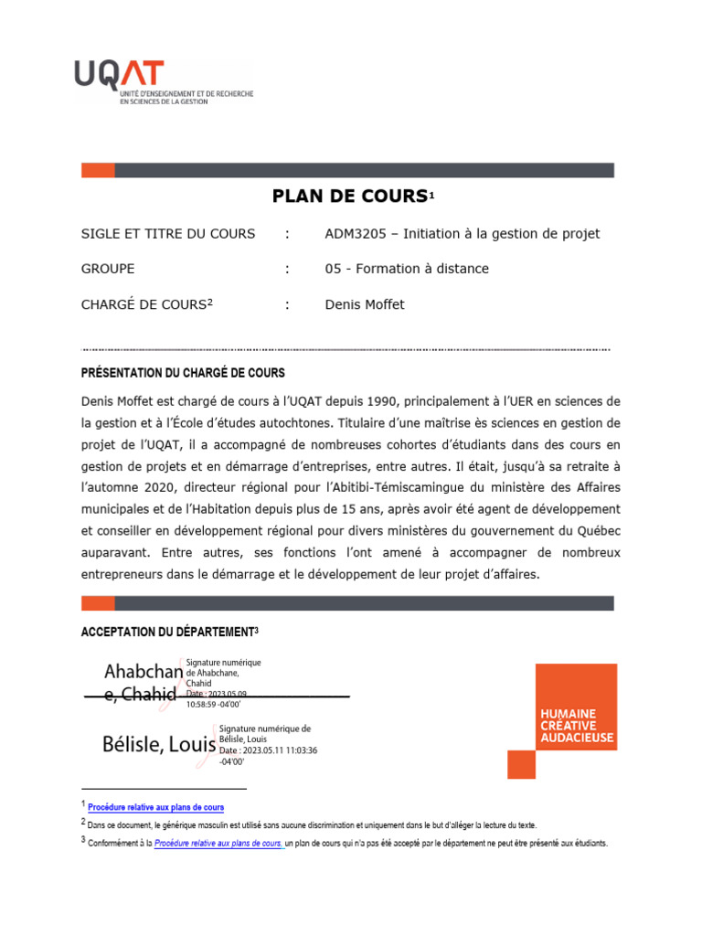 Plan de cours : Gestion de projet ADM3205 | PDF | Planification