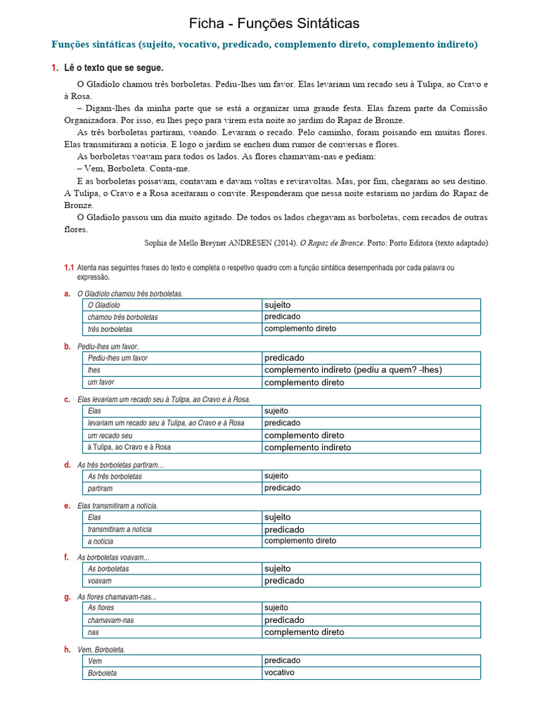 Ficha - Portugues - 5 - Ano - Funcoes - Sintaticas (1) - A Fazer | PDF ...