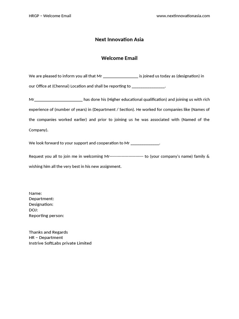 New Employee Welcome Email Template | PDF