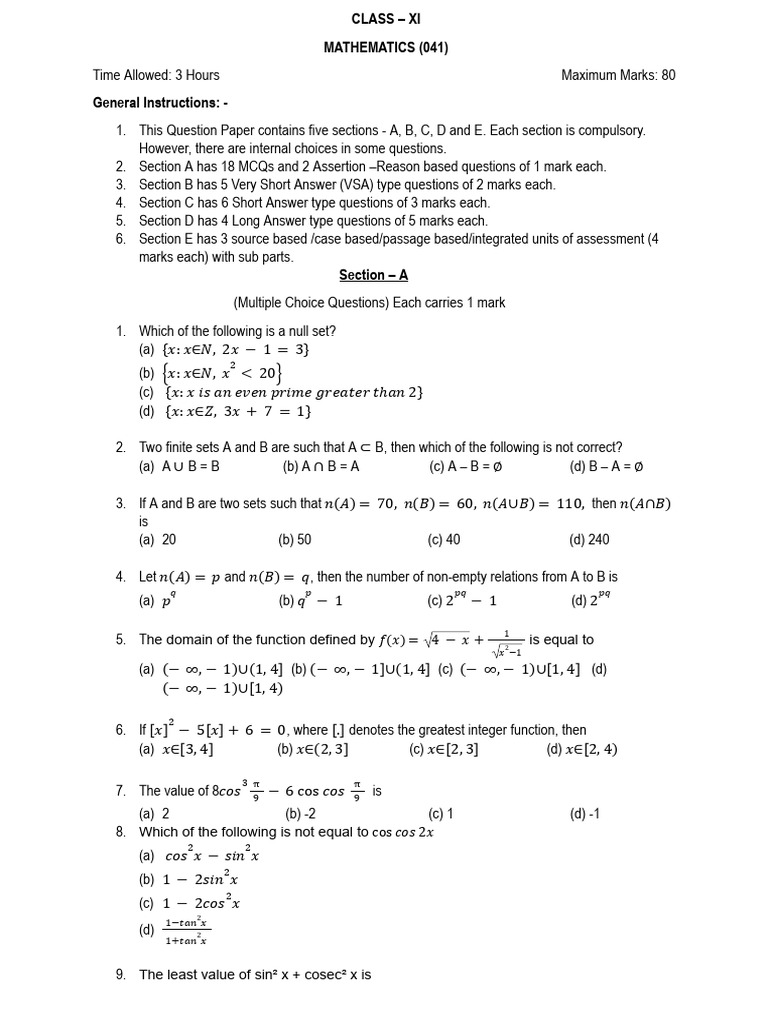 Class XI Mathematics Exam Paper | PDF | Variance | Ellipse