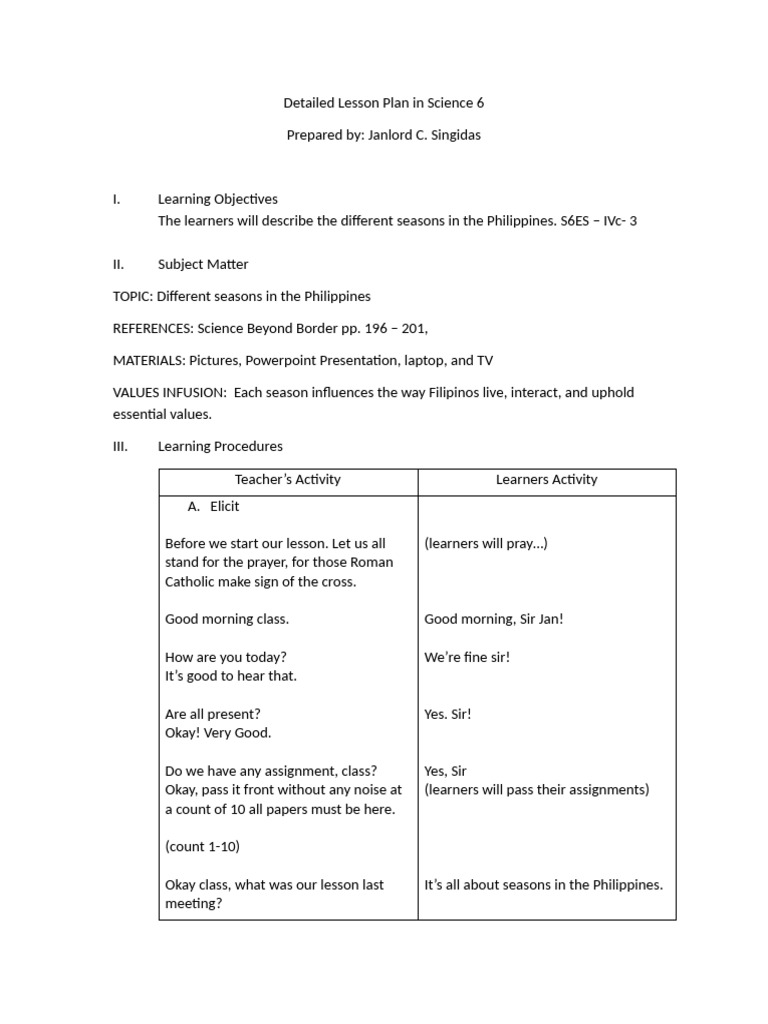 Detailed Lesson Plan in Science 6 JANLORD AKA BJORN | PDF | Lesson Plan ...