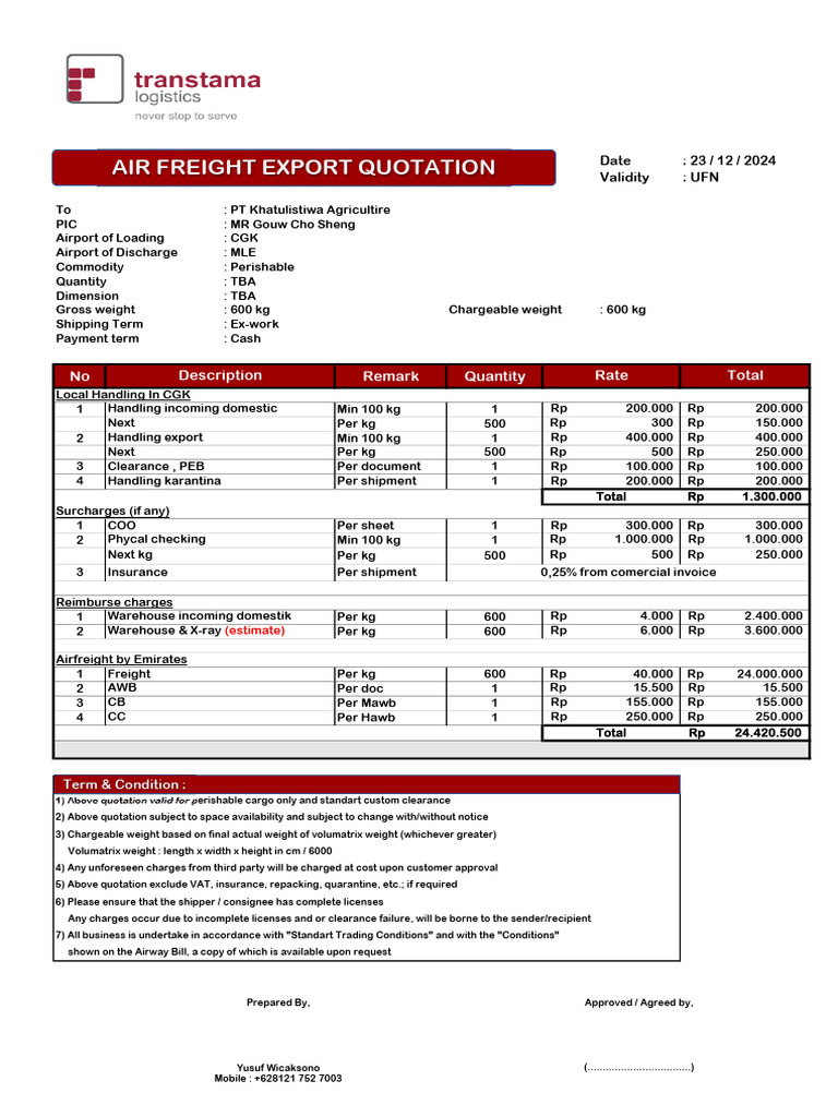 Jakarta Air Freight Quotation Details | PDF | Freight Transport ...
