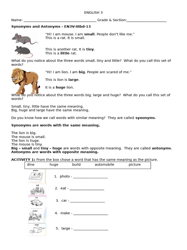 Grade 3 Synonyms and Antonyms Guide | PDF