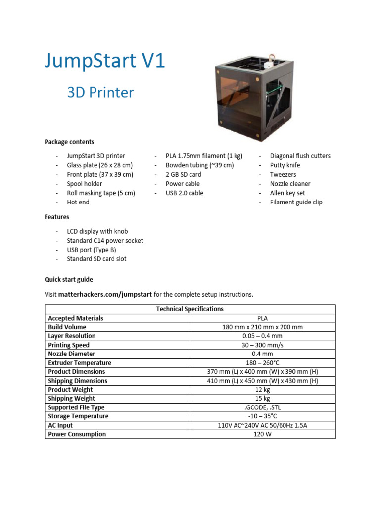 JumpStart V1 3D Printer Overview | PDF