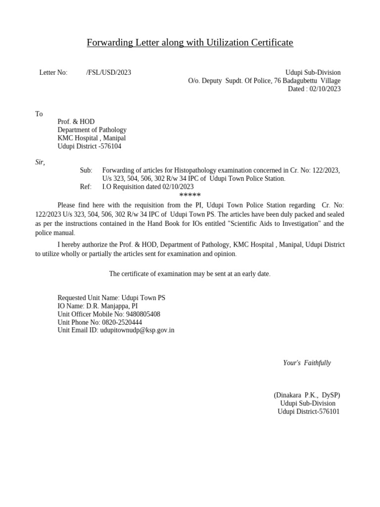 Forward & Utilization Letter KMC Manipal | PDF