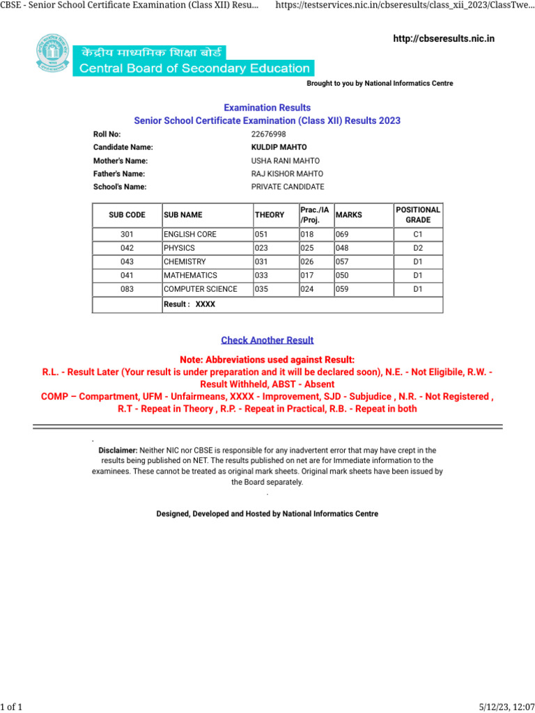 CBSE - Senior School Certificate Examination (Class XII) Results 2023 ...