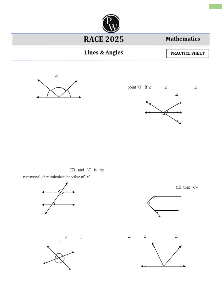 Lines Angles - Practice Sheet - RACE 2025 | PDF | Angle | Elementary ...