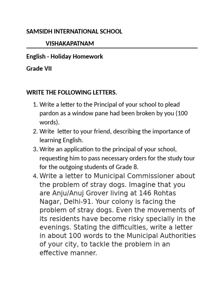 English Grade VII HOLIDAY HOMEWORK | PDF