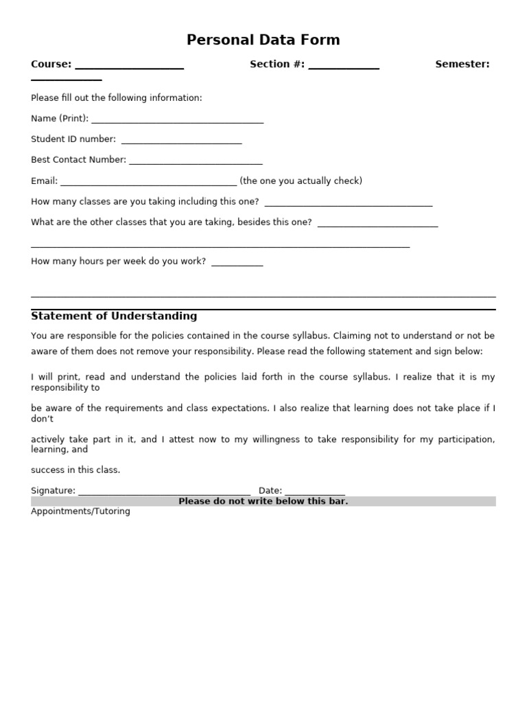 Personal Data Form for Course Enrollment | PDF