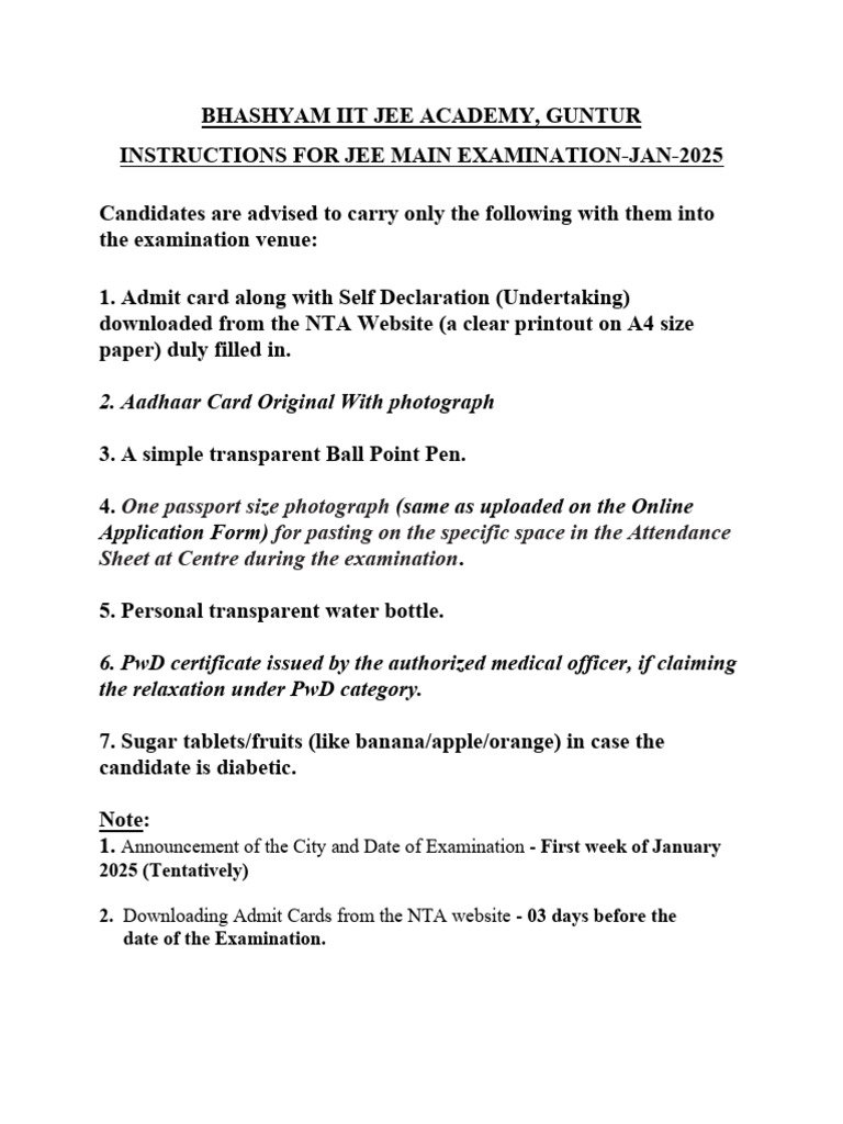Instructions of Jee Main Exam-2025 | PDF