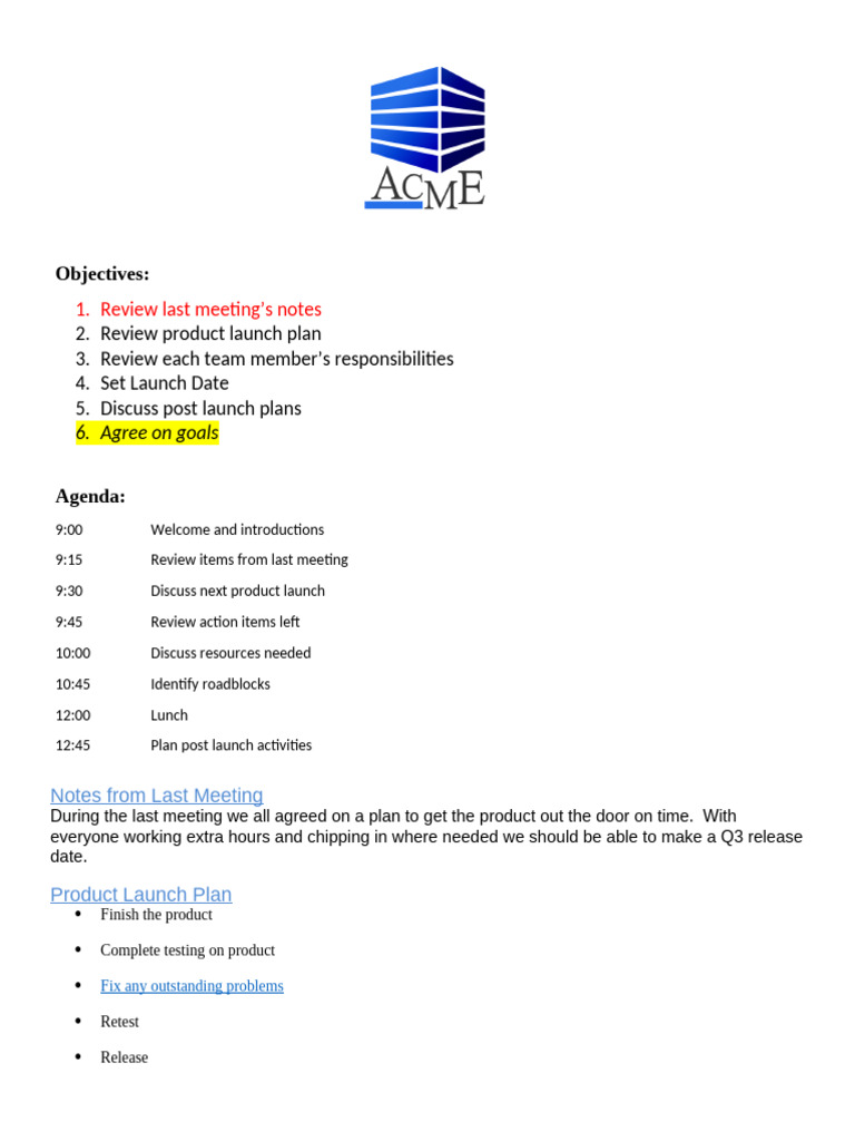 Product Launch Meeting Notes Template | PDF