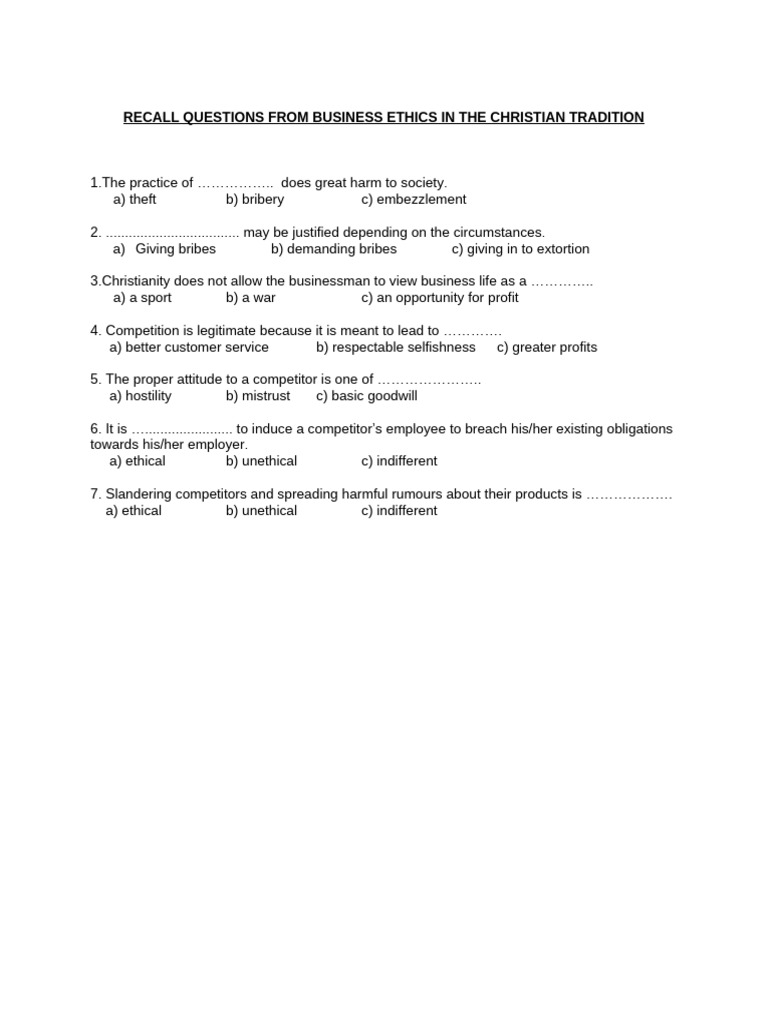 4a Recall Questions From Business Ethics in The Christian Tradition | PDF