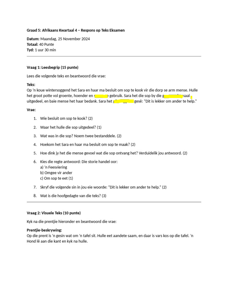 Grade 5 Afrikaans FAL Exam 1 | PDF