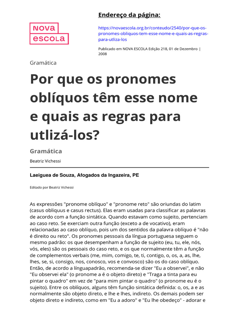 Pronomes Oblíquos: Definição e Regras | PDF