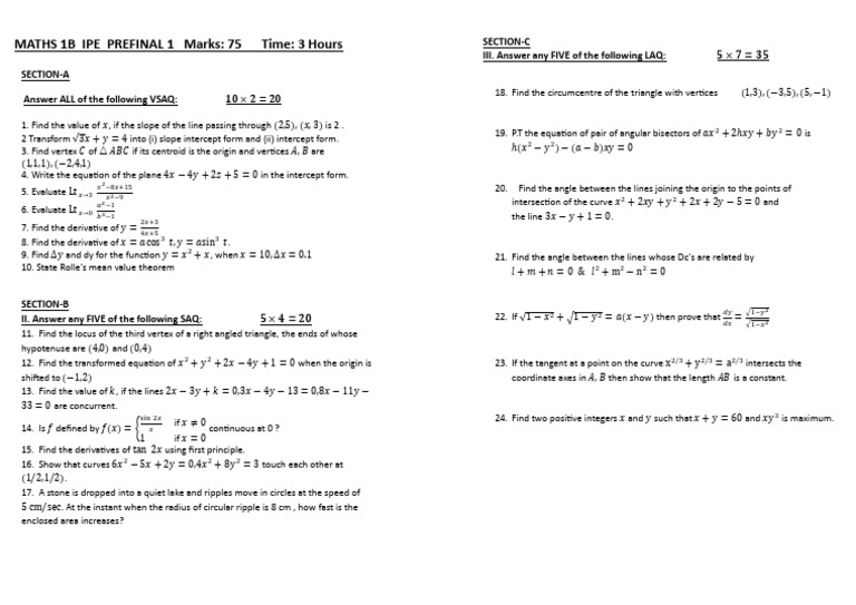 Maths 1B Prefinal Exam Questions | PDF | Mathematics | Euclid