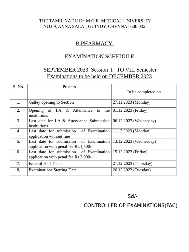 BPharm Schedule Dec2023 | PDF