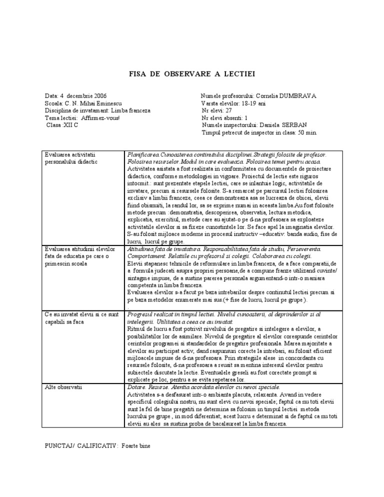 Fisa De Observare A Lectiei