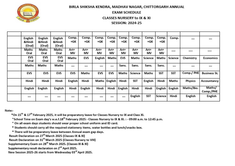 ANNUAL EXAM SCHEDULE NURSERY To IX & XI-2024-25 | PDF