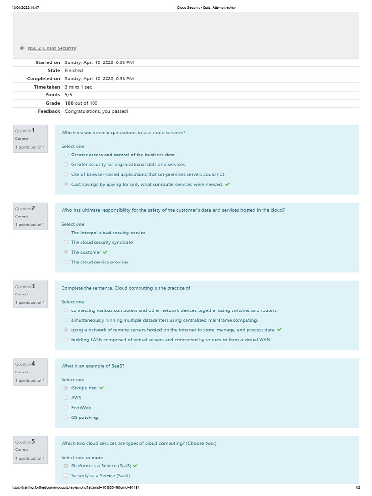 Cloud Security - Quiz - Attempt Review | PDF | Cloud Computing ...