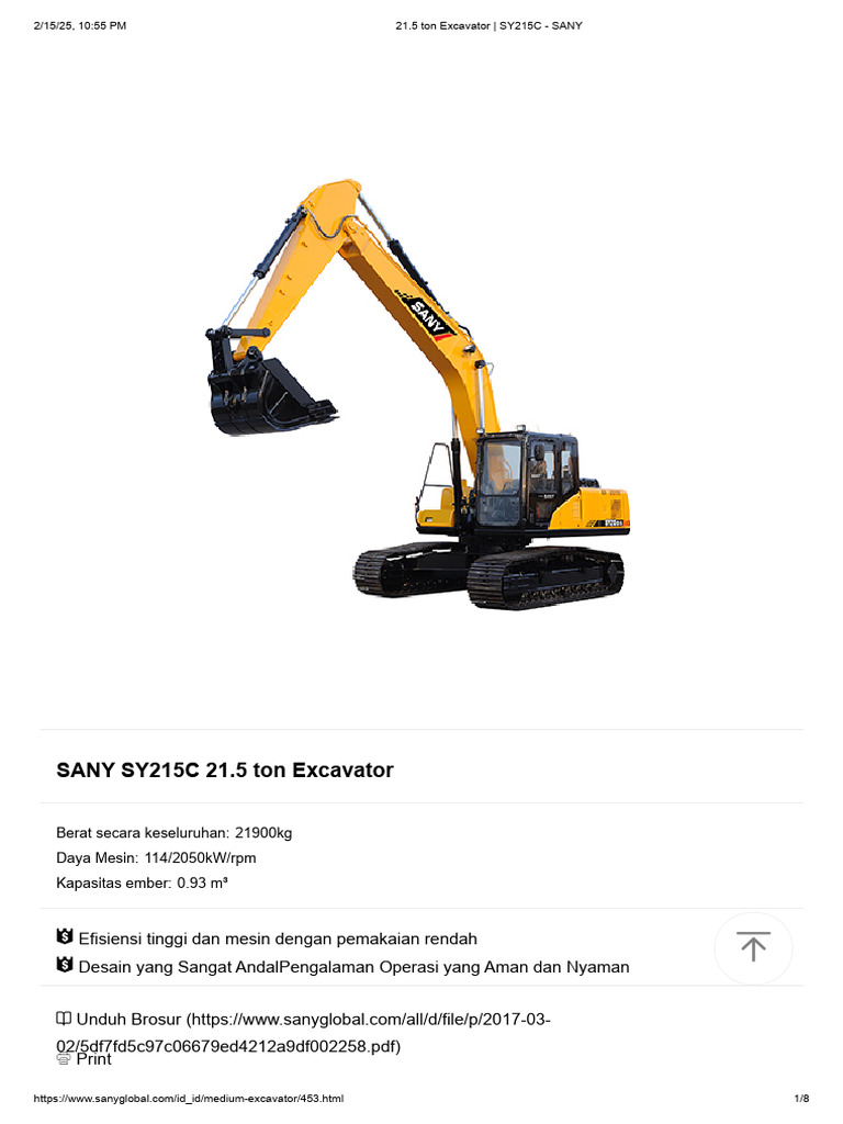 Spesifikasi Excavator SANY SY215C | PDF
