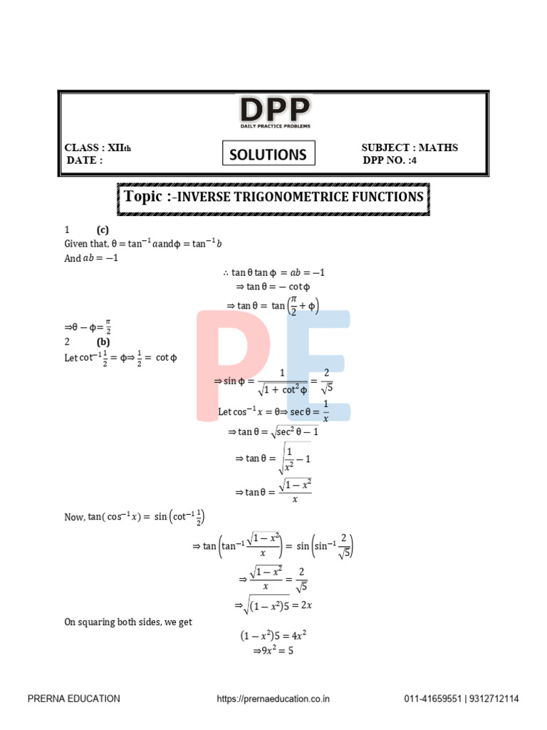 Inverse Trigonometric Functions Solutions | PDF | Elementary Geometry ...