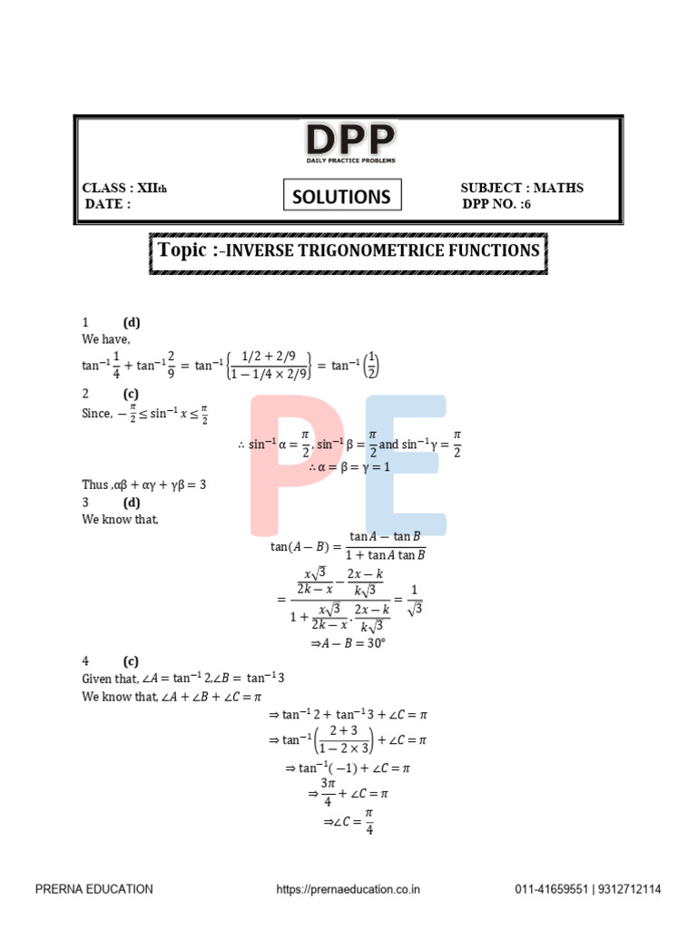 Inverse Trigonometric Functions Solutions | PDF | Mathematical Analysis ...