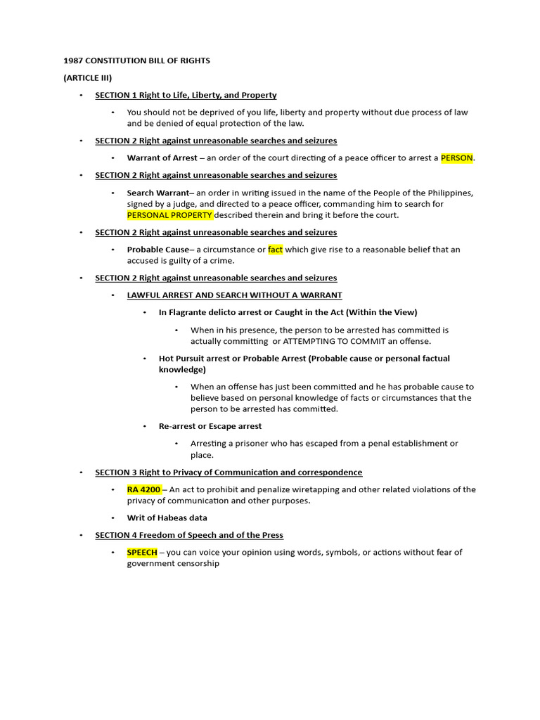 1987 Bill of Rights Explained | PDF | Search And Seizure | Probable Cause
