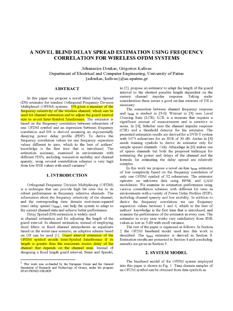 Novel Blind Delay Spread Estimator for OFDM | PDF | Orthogonal ...