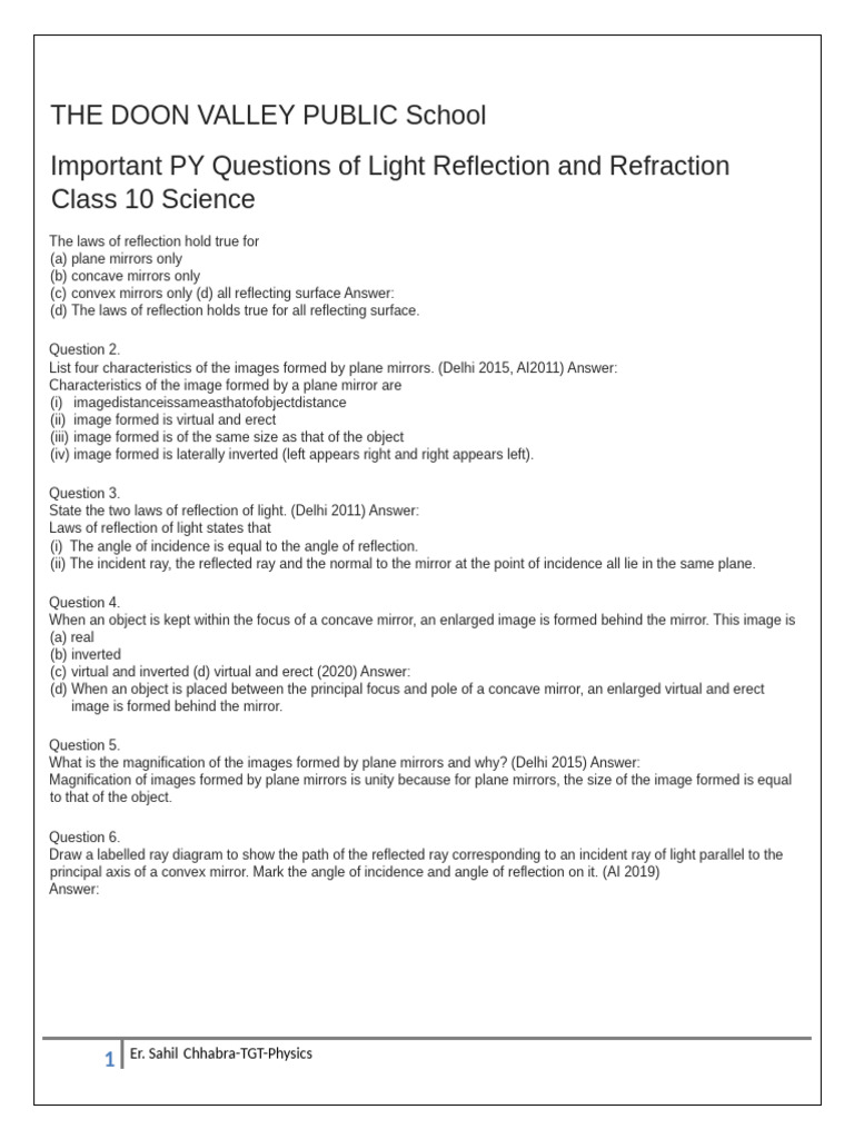 Class 10 Light Reflection & Refraction Q&A | PDF | Mirror | Glass ...