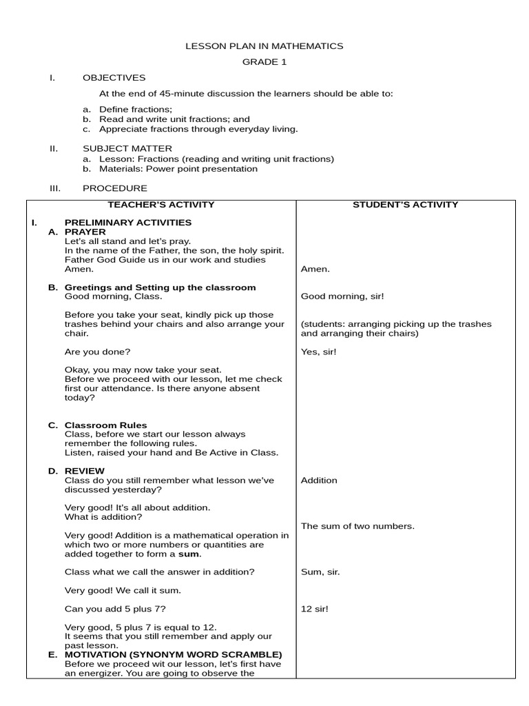 Grade 1 Math Lesson Plan: Fractions | PDF | Learning