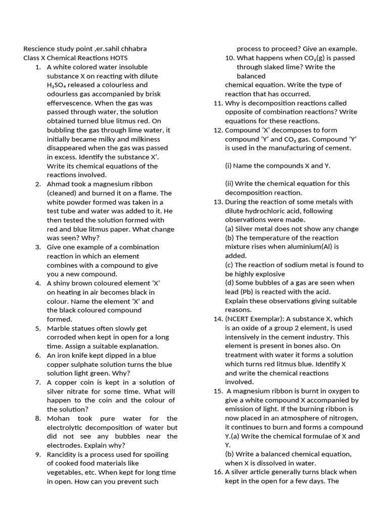 Class X Chemical Reactions HOTS Questions | PDF | Hydroxide | Oxide