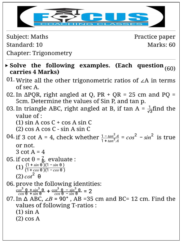 Trigonometry Practice Paper for Class 10 | PDF | Trigonometry ...